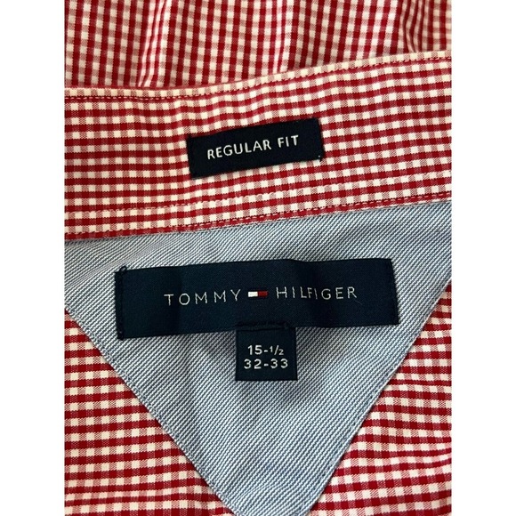 Tommy Hilfiger Dress Shirt Men Size 15.5 32-33 Red Gingham Plaid Checkered Work - Picture 2 of 8
